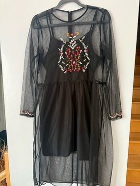 Twik (Simons) Coquette Goth Floral Embroidered Mesh Overlay Dress – 2-Piece Set